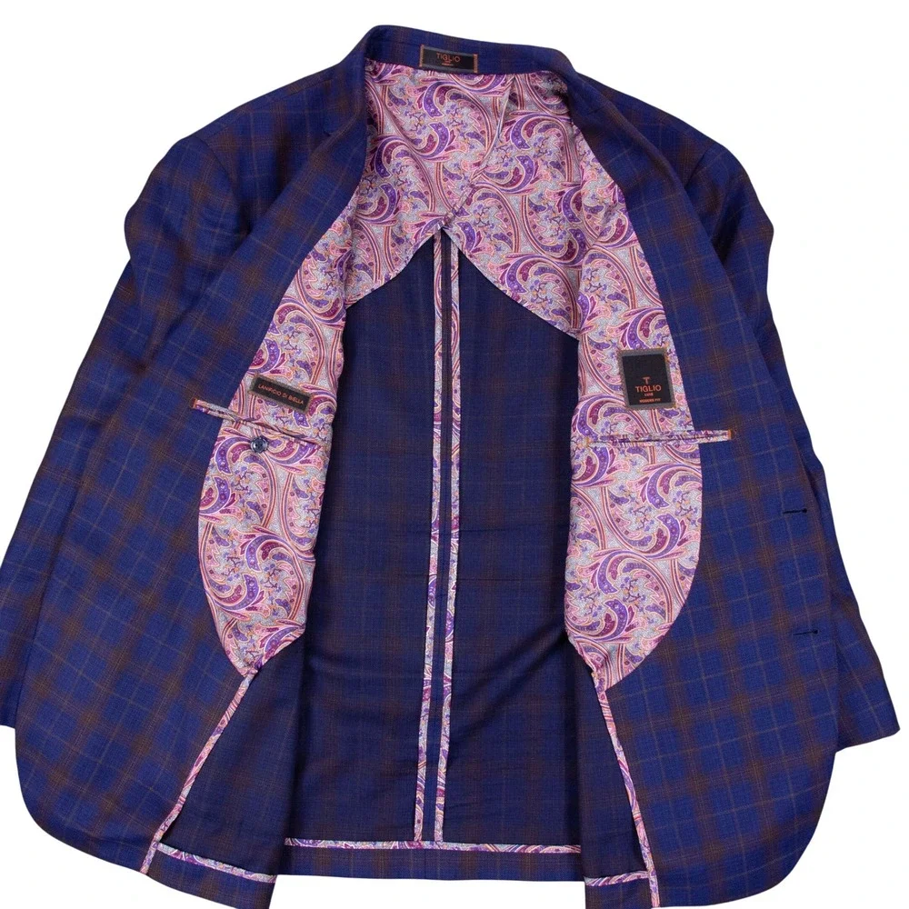 Tiglio Luxe Modern Fit Blazer Mens 52R Blue Plaid Wool Paisley Lining Biella